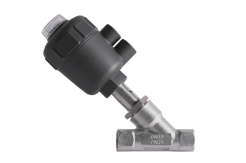 Pneumatic angle seat valve with a black actuator and stainless steel body marked DN15 PN25 on white