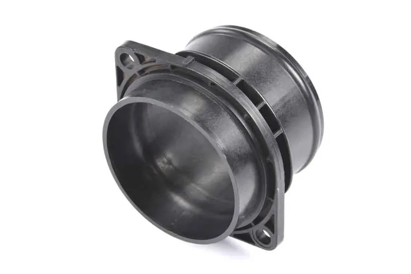 Black flanged plastic pipe component with mounting holes, industrial photography