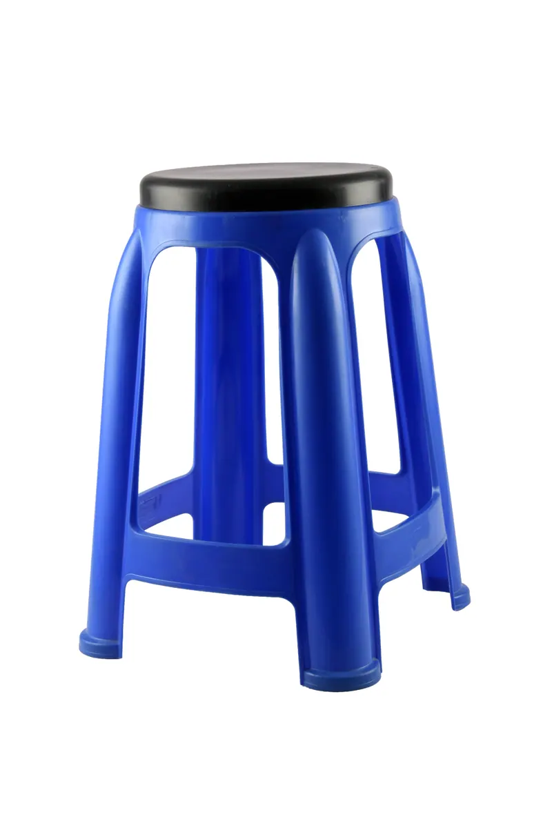 Blue moulded plastic stool with a black seat pad on a clean white background