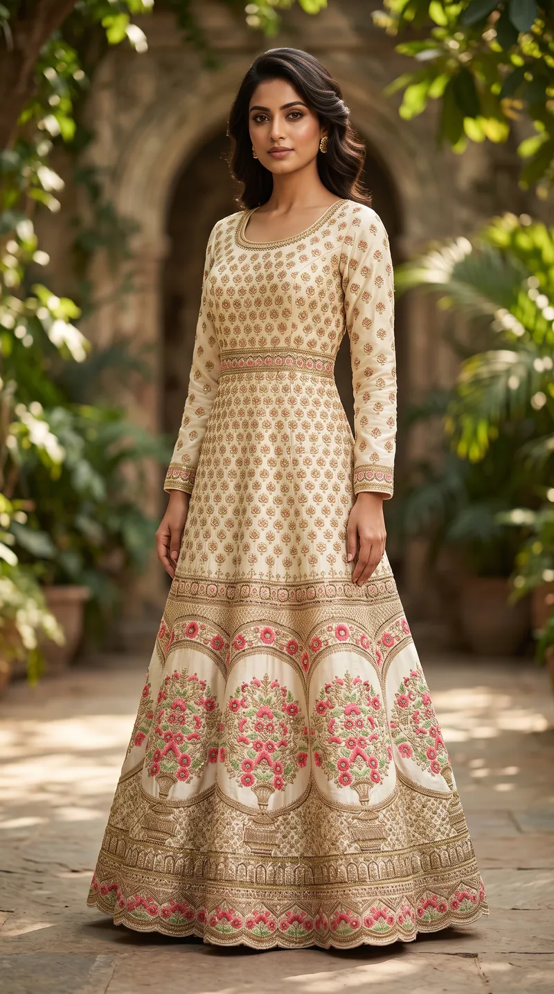 Model in a cream anarkali with pink floral embroidery and a wide hem in a garden setting, festive wear lookbook photography