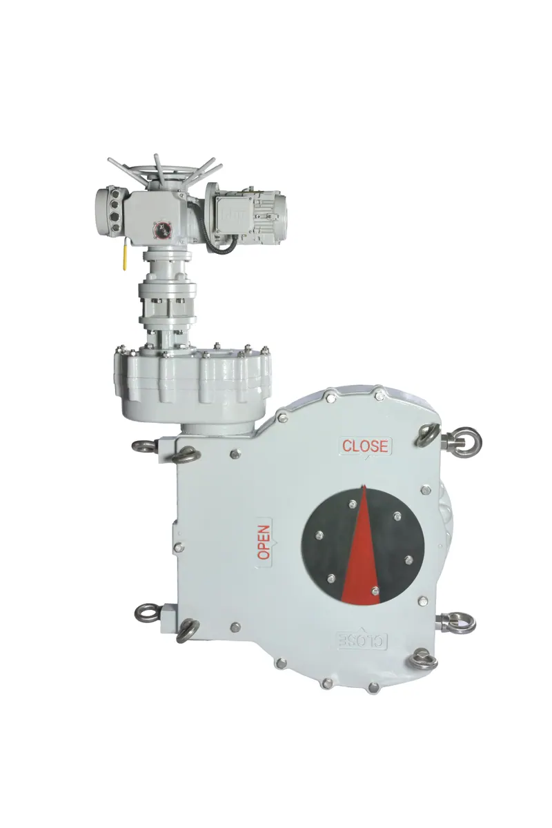 White electric valve actuator with a gearbox and position indicator marked open and close, industrial photography