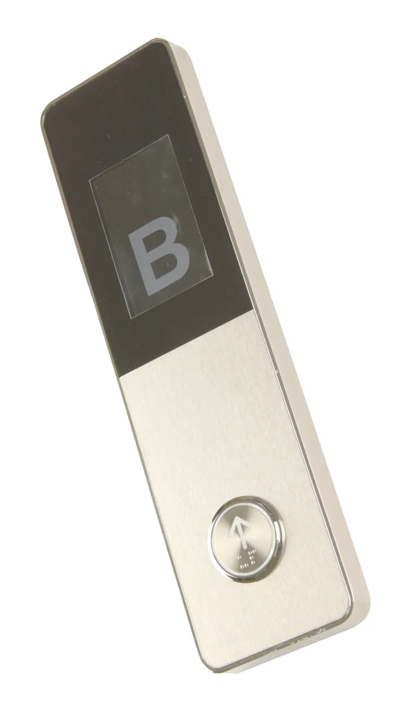 Elevator call button panel with a floor indicator letter, product photography for a lift components maker