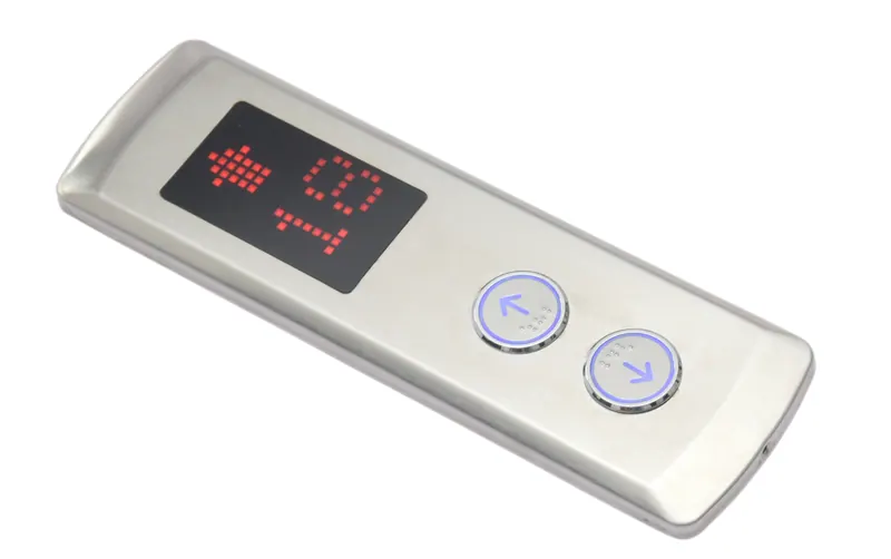 Elevator indicator display panel with red LED arrow and touch buttons on white
