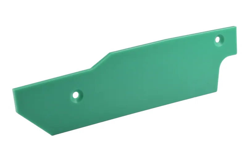 Green machined plastic plate with mounting holes on a white background
