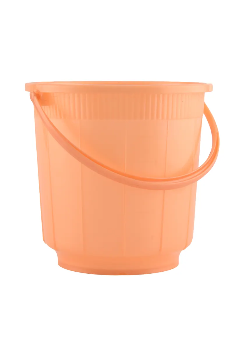Peach orange plastic bucket with a moulded handle on a white background