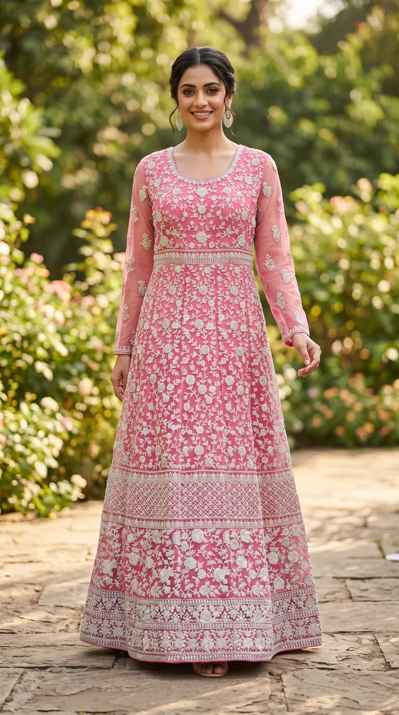 Model in a pink thread-embroidered anarkali standing in a sunlit garden, ethnic wear lookbook photography in Pune