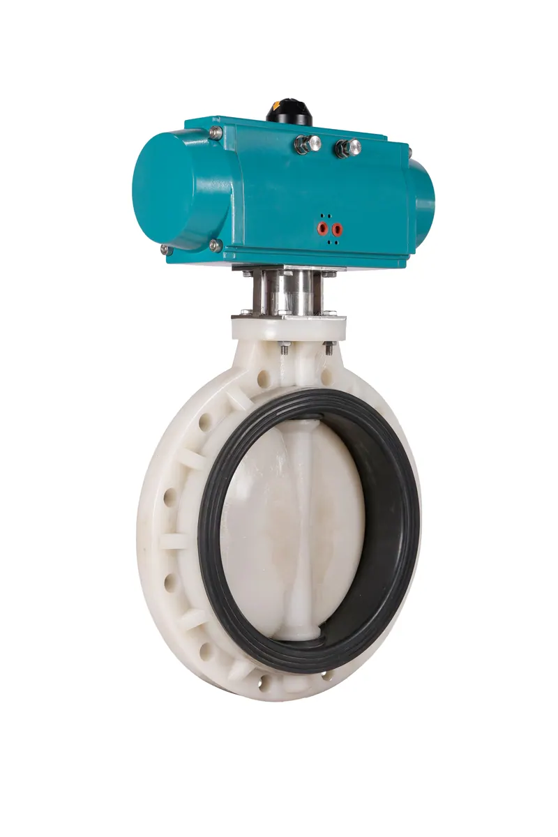 Pneumatic actuated butterfly valve with a teal actuator on a white background, industrial product photography in Pune