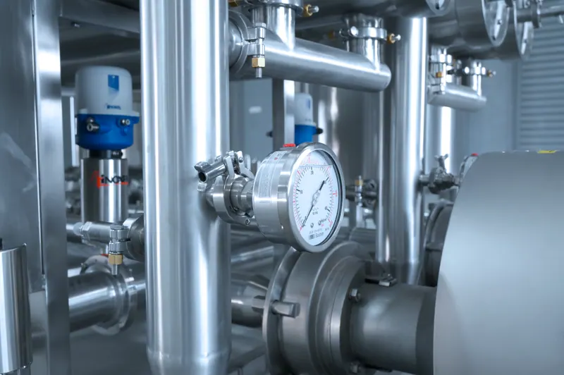 Pressure gauge mounted on polished stainless steel process pipework with a blue valve actuator behind