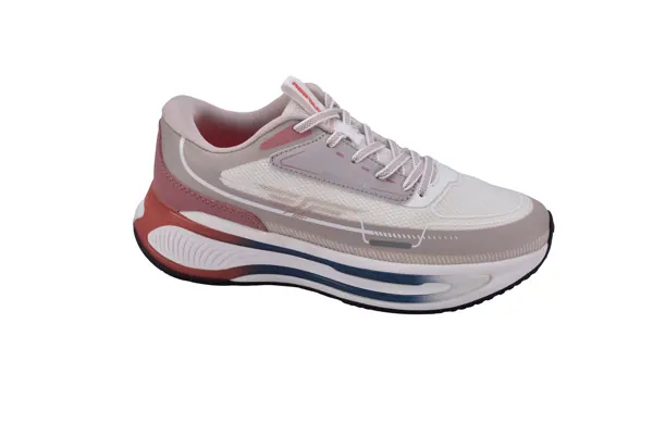 Running shoe with a layered white sole and red accents on white, still frame from a 360 degree product spin