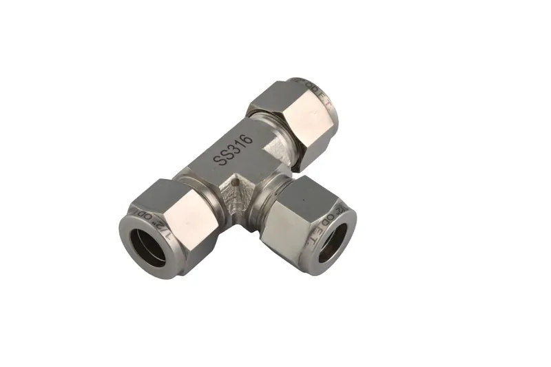 SS316 stainless steel compression tee fitting photographed on white to show nuts and ferrule detail