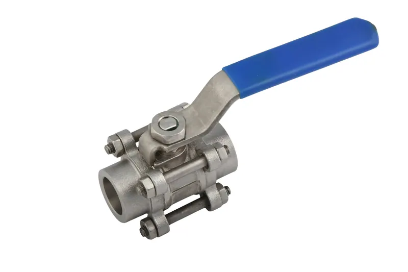Three-piece stainless steel ball valve with a blue lever handle on white, e-commerce product photography in Pune