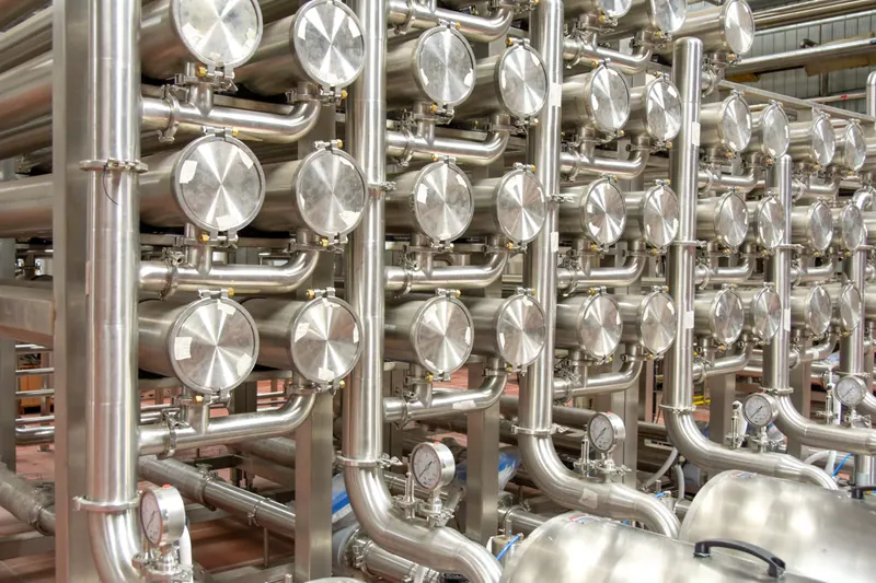 Rows of stainless steel process piping and sanitary filter housings inside a food processing plant, industrial photography in Pune