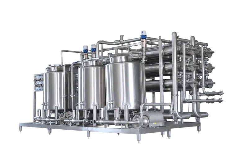 Stainless steel process skid with vertical tanks and manifolds isolated on a black background, industrial equipment photography