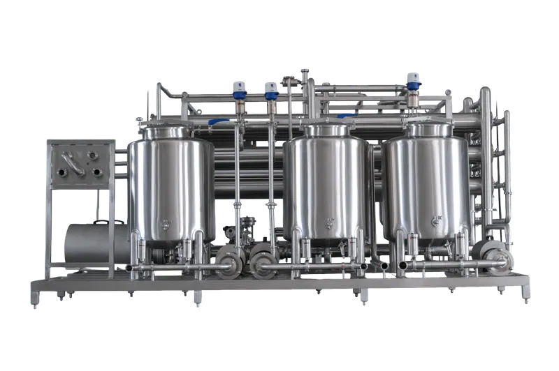 Side view of a stainless steel process skid with three vessels, pumps and manifold piping on black