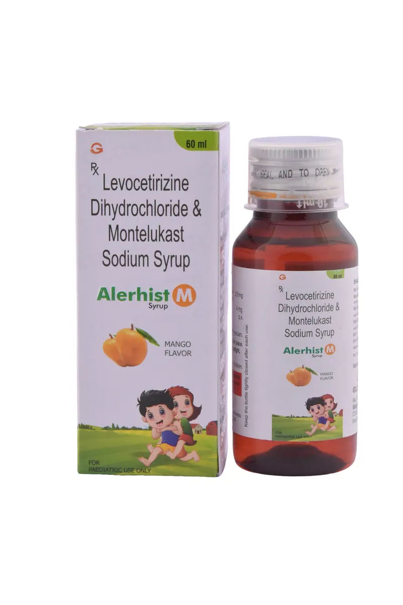 Paediatric syrup bottle standing beside its carton, pharmaceutical packshot on white
