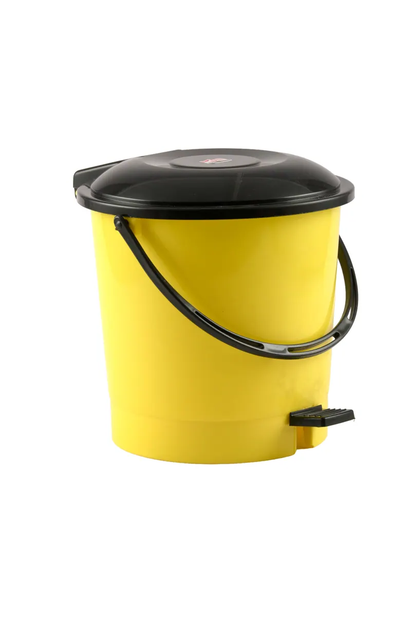 Yellow plastic pedal dustbin with a black lid on a white background, catalogue product photography