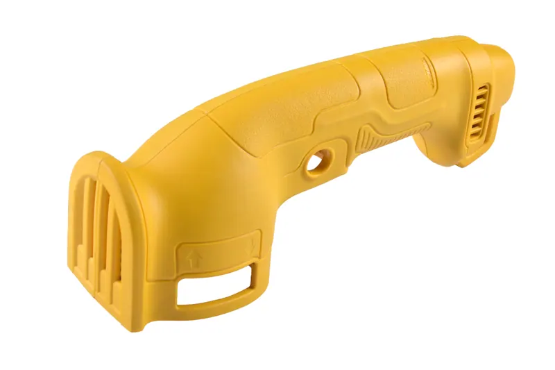 Yellow moulded power tool handle housing with ventilation slots on white